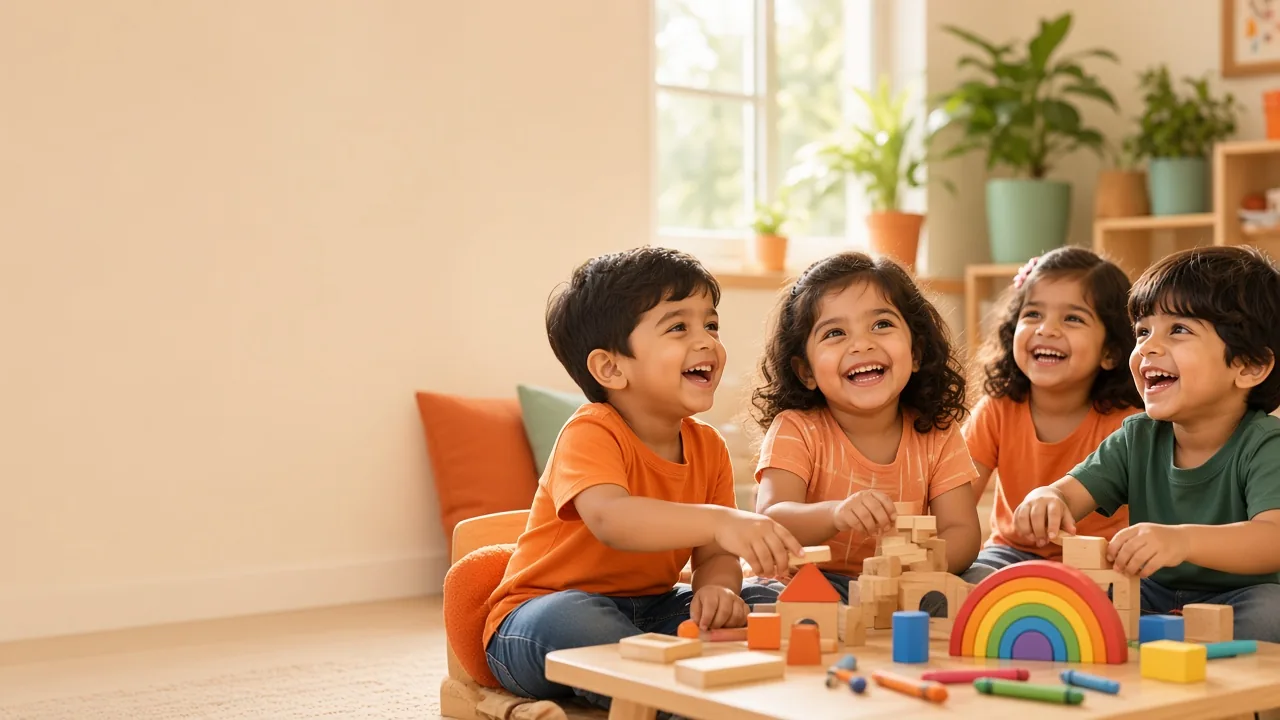 Children laughing together while building with blocks
